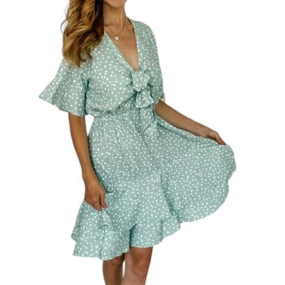 Mazik Mint Green White Polka Dot Tie Front Soft Dress Size Large - Picture 1 of 6